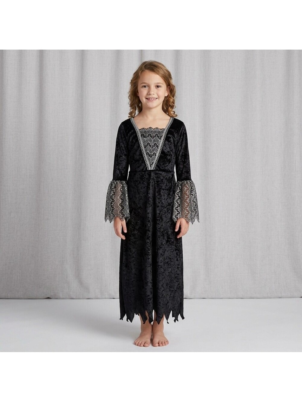 Witch Dress Costume Kids Size M 8-10 Halloween Black Velvet Silver Glitter Bell
